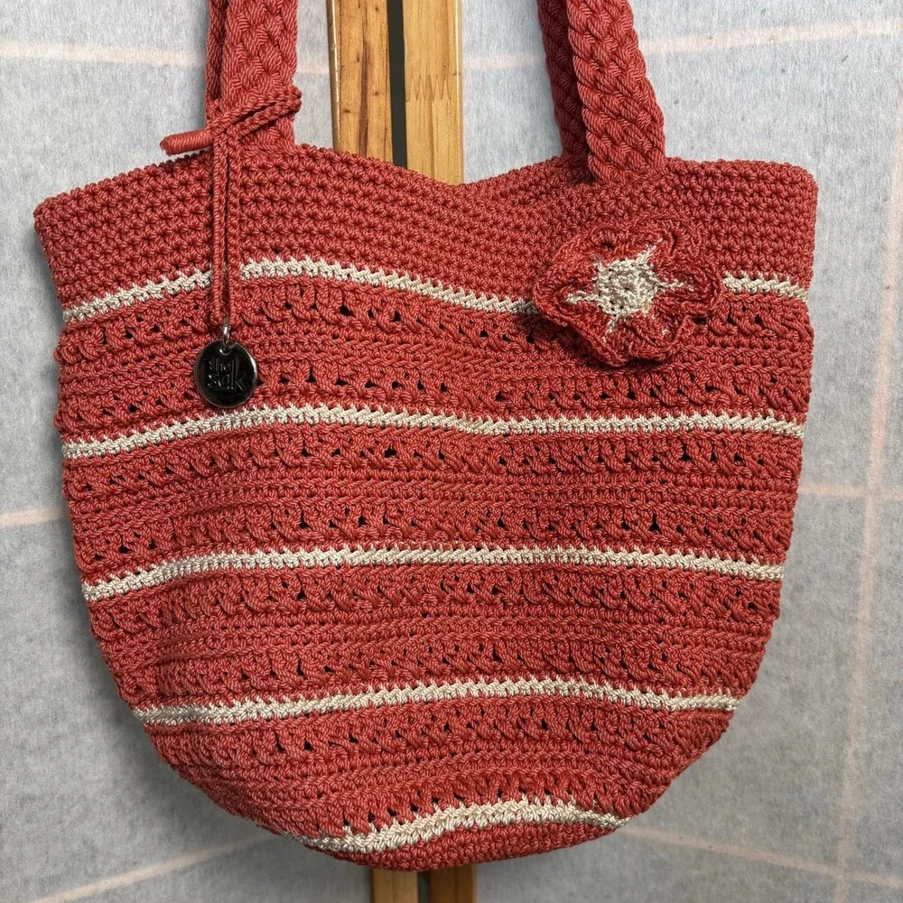 The Sak Red Orange Stripe Crochet/Handbag Purse‎ Beach Cruise Boho Y2K Woven